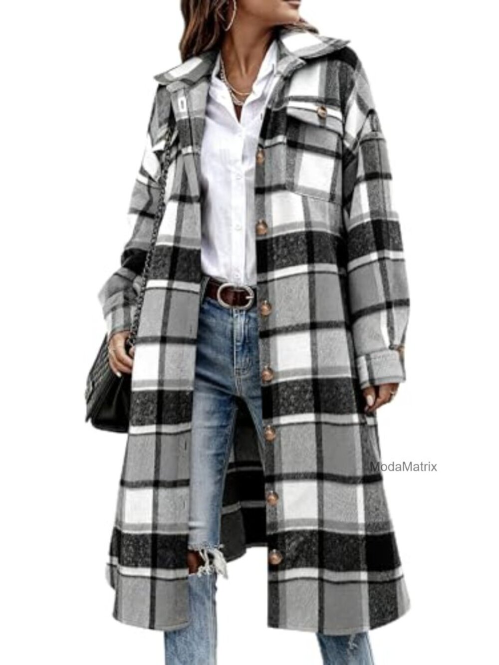 Plaid Flannel Shacket Button Down Collared Chest Pockets Trench Coat